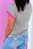 Rose Stripe Contrast Trim Round Neck Summer T Shirt