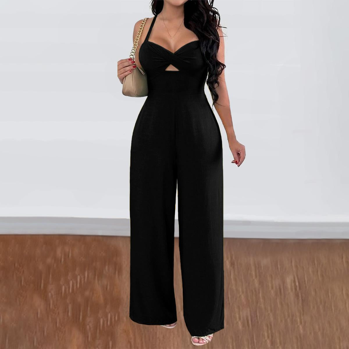 Women Spaghetti Strap Jumpsuit Twist Front Cutout Criss Cross Tie Back Wide Leg Elastic Waist Sleeveless Summer Party Romper