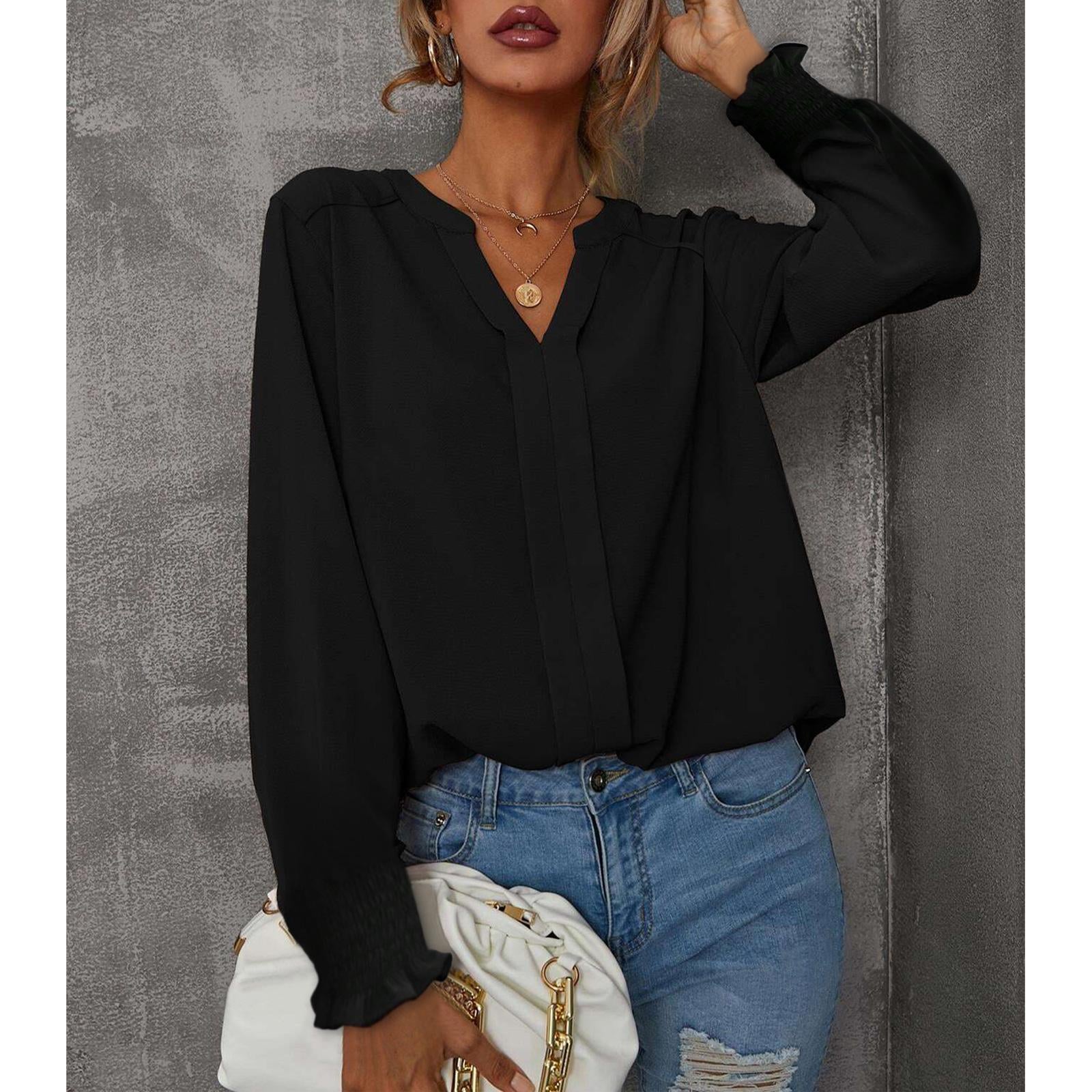 Women's V Neck Chiffon Blouse, Long Sleeve Smocked Cuff Flowy Casual Work Top, Loose Fit Dressy Shirts for Women
