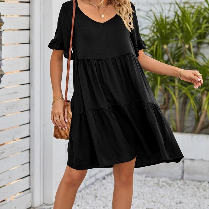 Women's Oversized Minimalist V-Neck Ruffle Short-Sleeve Tiered Midi Dress - Lightweight Soft Basic Breathable Fabric, Feminine Casual Summer Wear