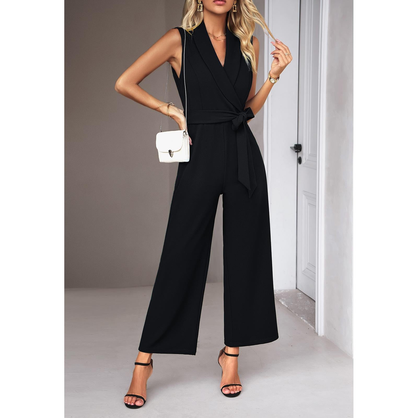 Women's Collared Neck Sleeveless Long Elastane Solid Overalls - Minimalist Classic Casual Chic Comfortable Business Jumpsuit, Spring-Summer Commuting Workwear Essential