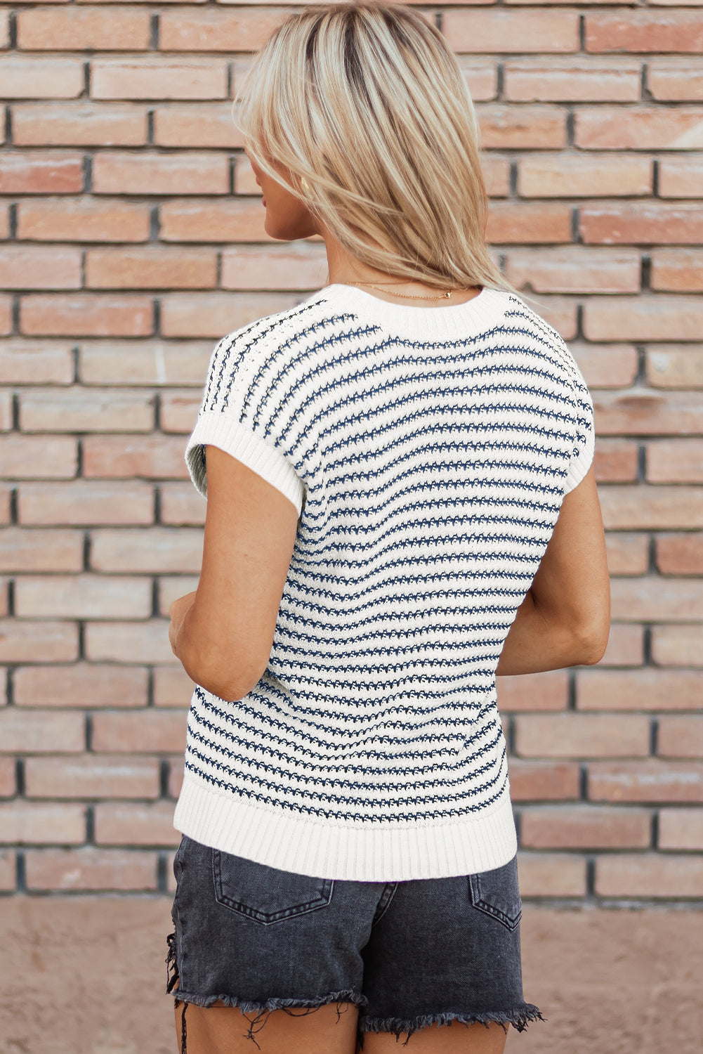 Blue Stripe Ribbed Trim Loose Fit Knitted Sweater Vest