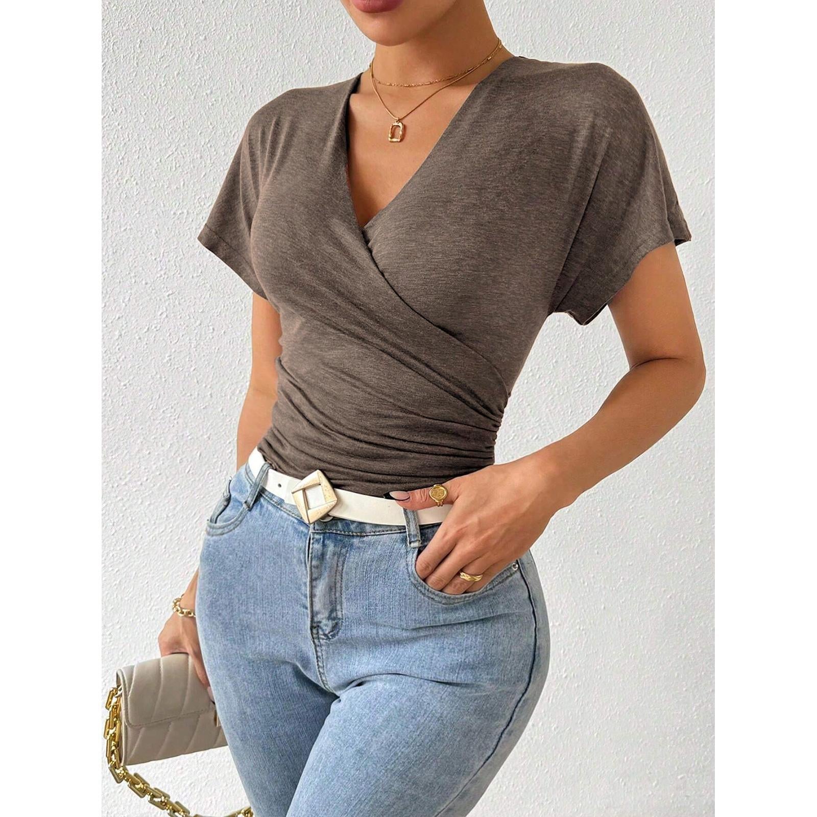 Women Surplice Wrap V Neck Short Sleeve Top, Ruched Waist Slim Fit Casual Solid Color Tee, Summer Elegant T Shirt Blouse for Daily Outing