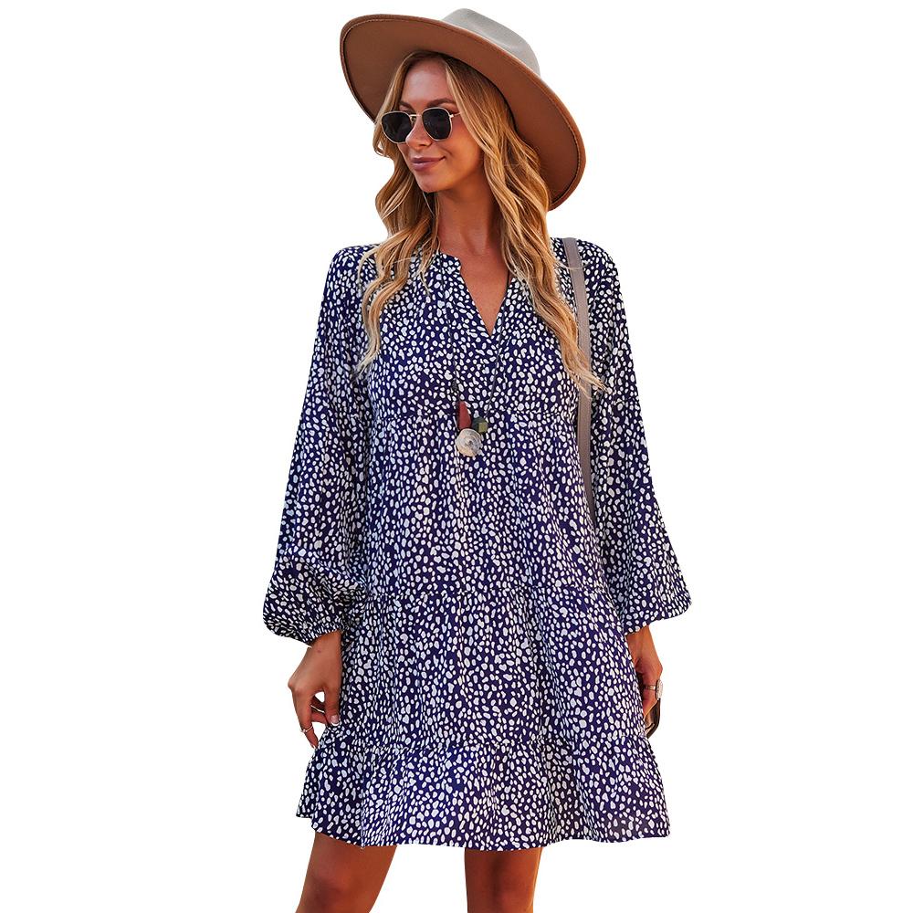 Women's Soft Lightweight Feminine Elastic Bohemian Leopard Speckled Print Long Lantern Sleeve V-Neck Tiered Ruffle Mini Dress - Comfortable Fit, Hip-Loose Flowy Tunic, Casual Wear for Day, Vacation