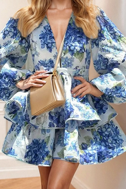 Women's Elegant Fashion V-neck Bubble Sleeve Ruffle Edge Dress