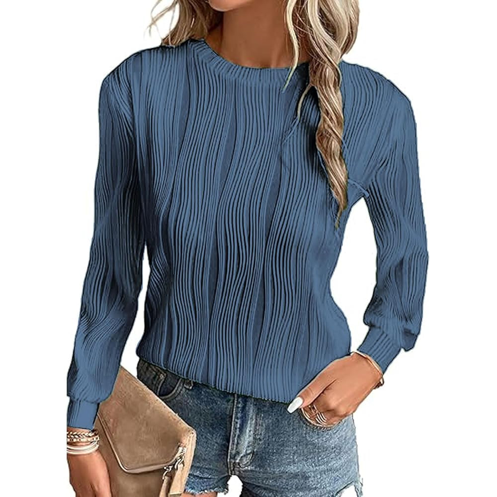 Women Wavy Textured Crew Neck Long Sleeve Top, Casual Lantern Sleeve Loose Fit Solid Color Basic Blouse, Fall Daily Wear Shirts