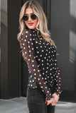 Black Polka Dot Patterned Bodycon Mock Neck Mesh Long Sleeve Top