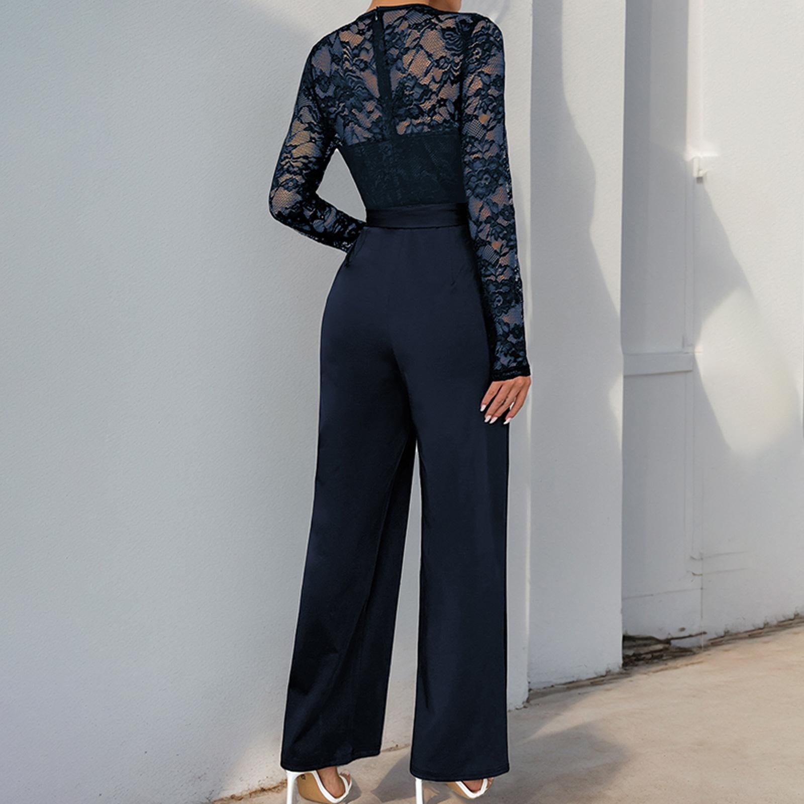 Elegant Lace Long Sleeve Jumpsuit for Women, Belted High Waist Wide Leg Formal Romper, Evening Party Wedding Guest Outfit