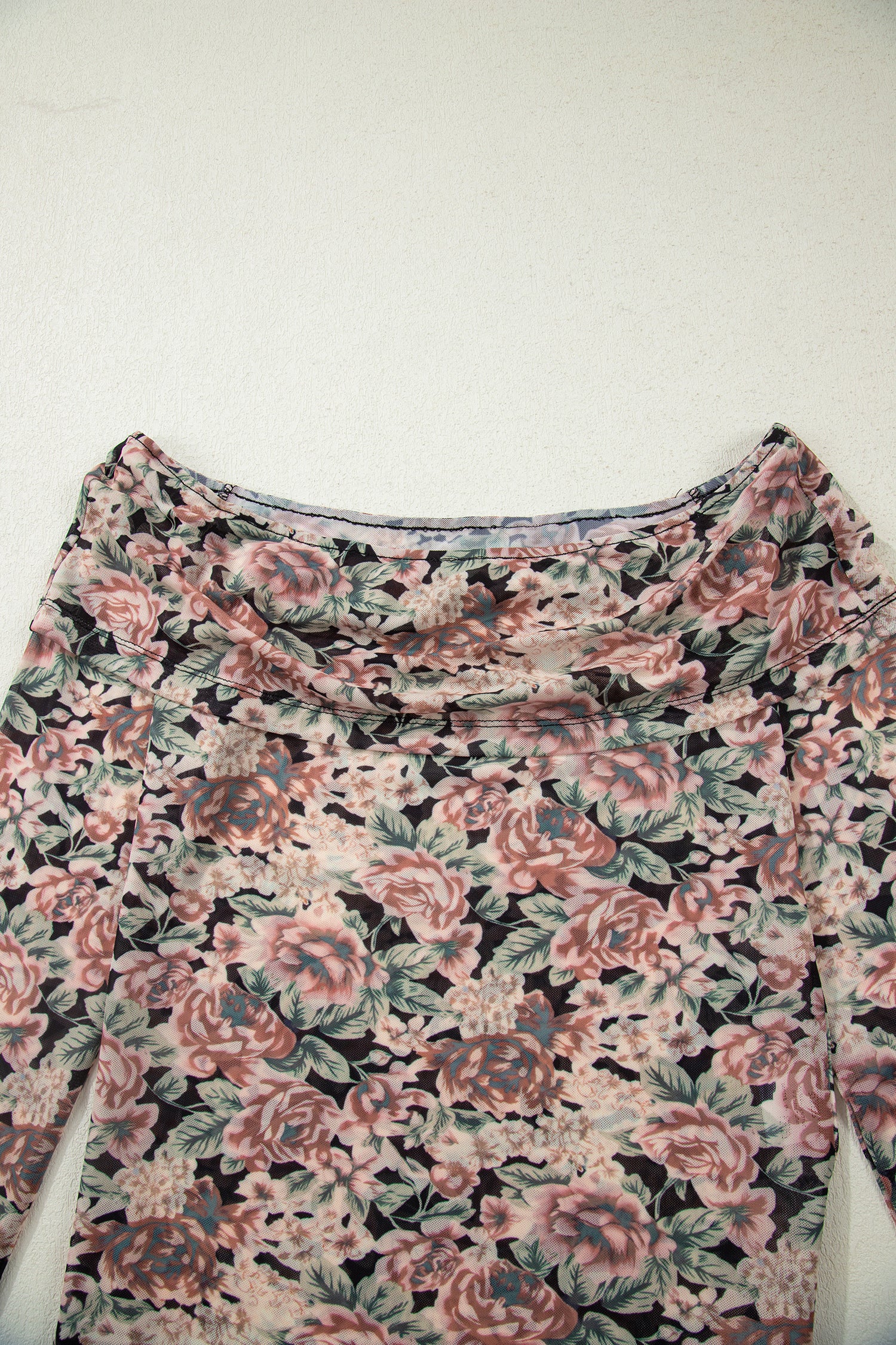 Black Floral Print Mesh Long Sleeve Foldover Off Shoulder Top