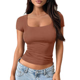 Women's Square Neck Short Sleeve Crop Top, Slim Fit Basic Solid Color T-Shirt