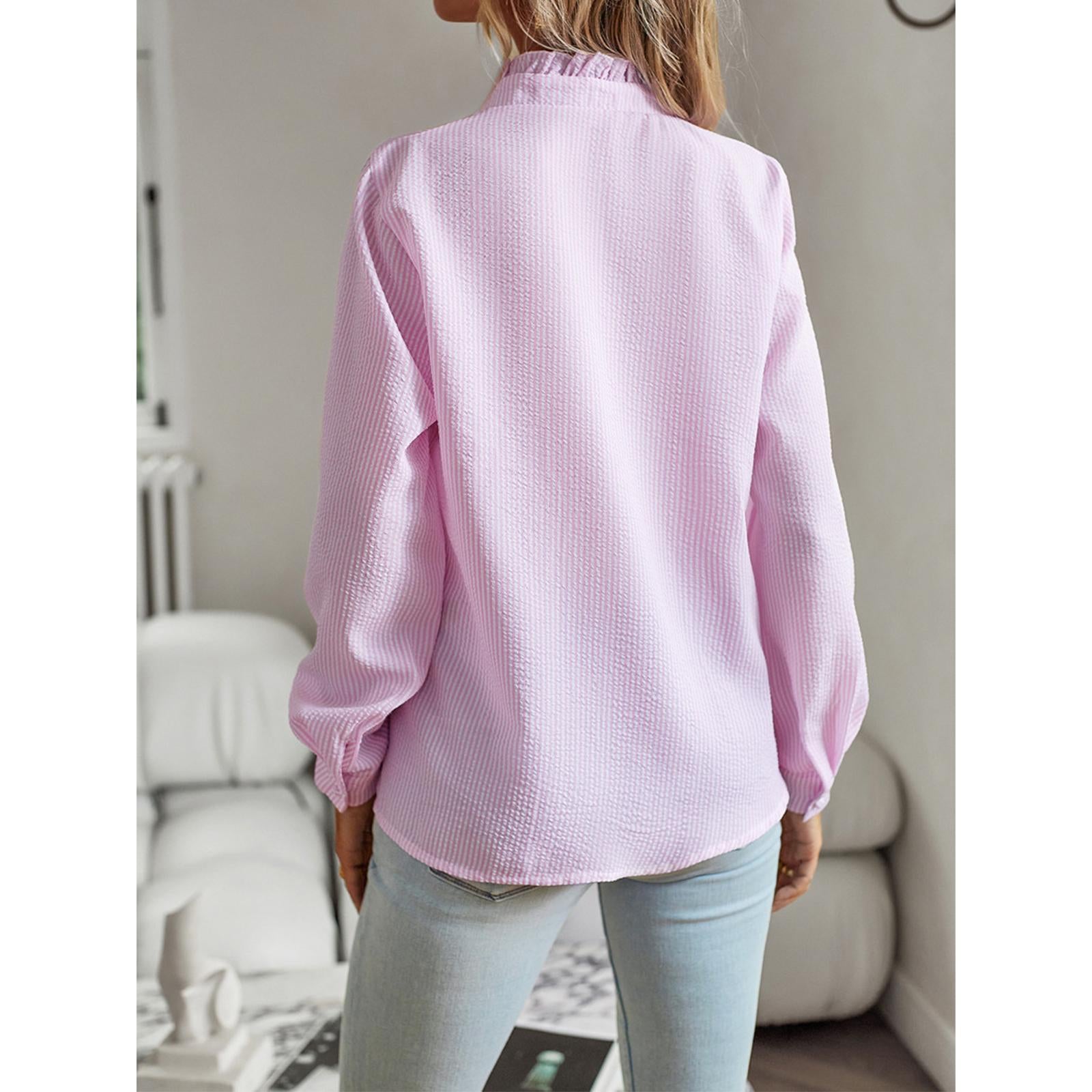 Women's Striped Stand-Collar Blouse - Ruffled Trim, Long Sleeves, Button-Front Top, Elegant Style Piece for Everyday Casual Commuting, Pair with Jeans