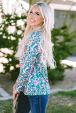 Green Floral Pleated Round Neck Long Sleeve Blouse