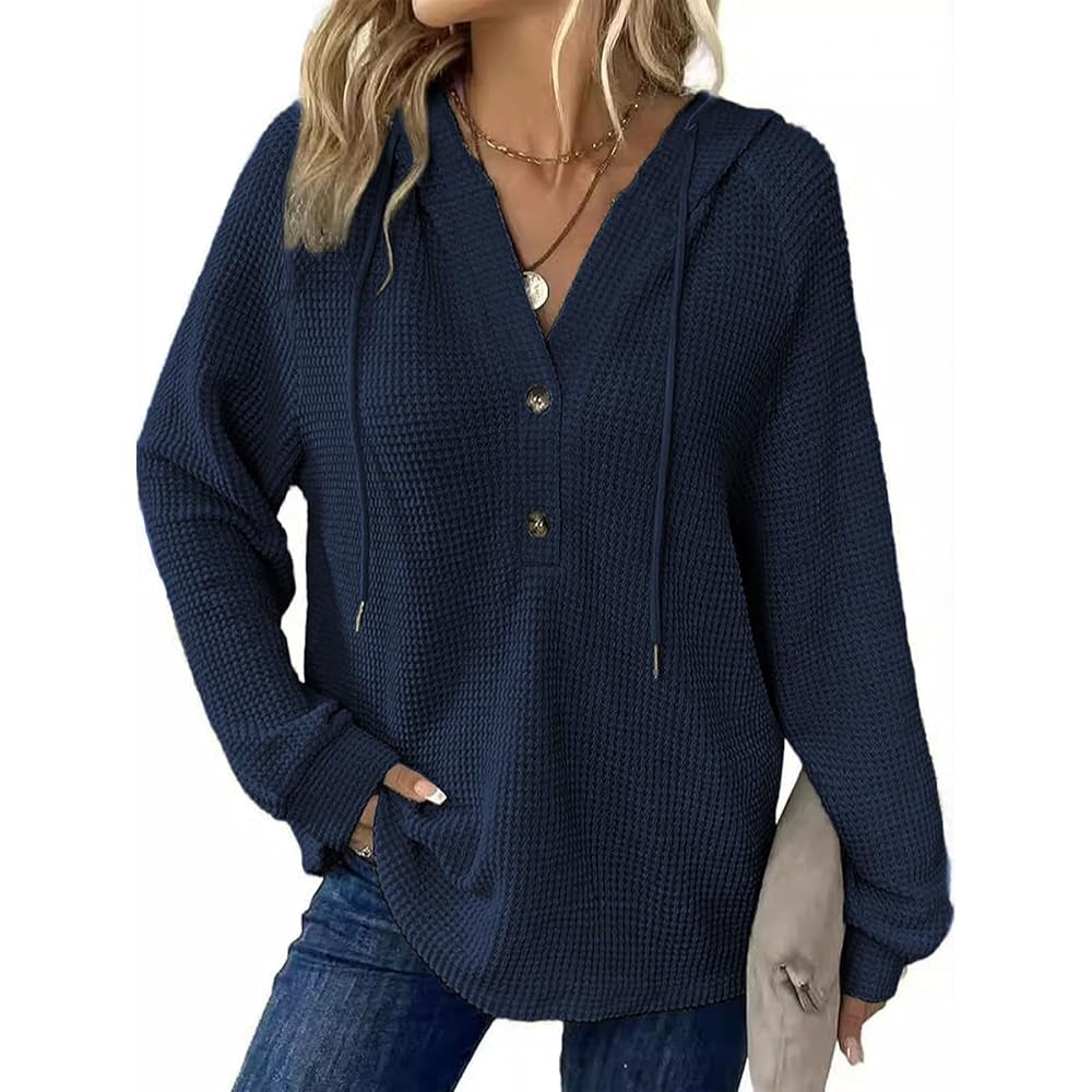 Women's Waffle Knit Henley Hoodie Long Sleeve Drawstring Button V Neck Casual Loose Fit Basic Tops