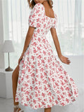 Women's French Style Fashion Casual Woven Floral Print Slim A-Line Maxi Dress - Square Neck, Short Sleeve, Cutout Backless, Side Slit, Dry Clean Compatible for Picnic, Party, Summer