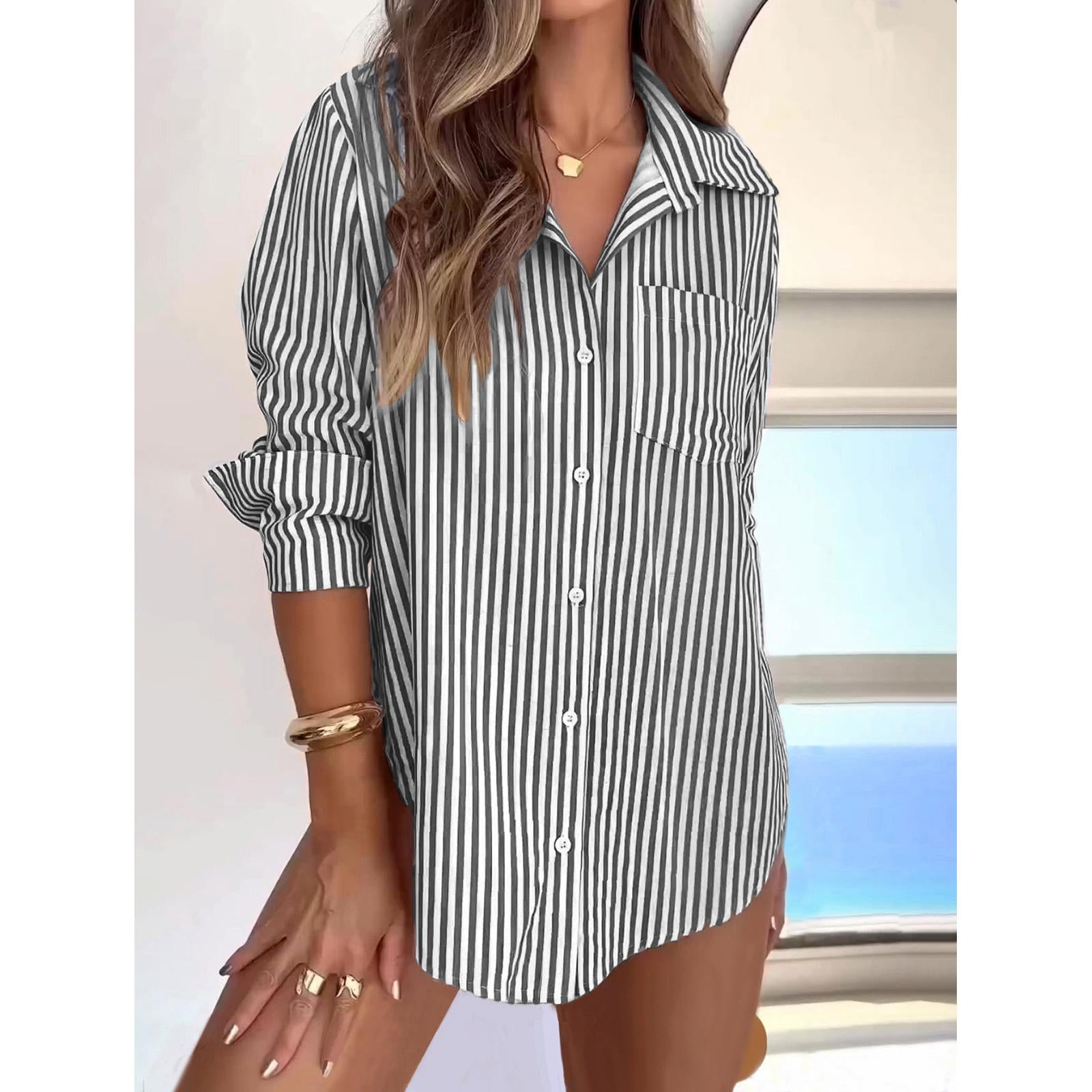 Women's All-Season Lightweight Striped Cuffed Button-Up Long Sleeve Blouse - Lapel, Chest Pocket, Loose-Fit Style Piece, Everyday Casual Office Work Basic Tops for Women