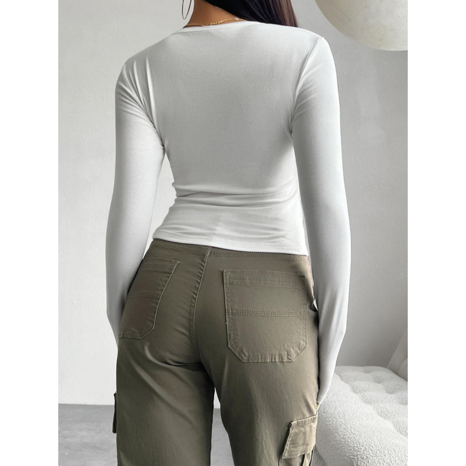 Women's Henley Neck Button-Down Long-Sleeve Cropped Blouse