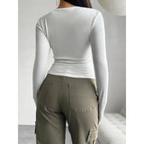 Women's Henley Neck Button-Down Long-Sleeve Cropped Blouse