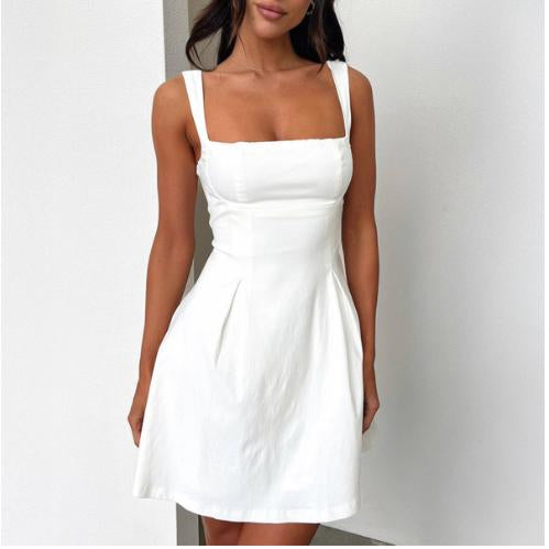 Women's Elegant Back Bow Cutout Sleeveless Square Neck Flare Mini Dress - Ideal for Date Night, Wedding Guest Dresses