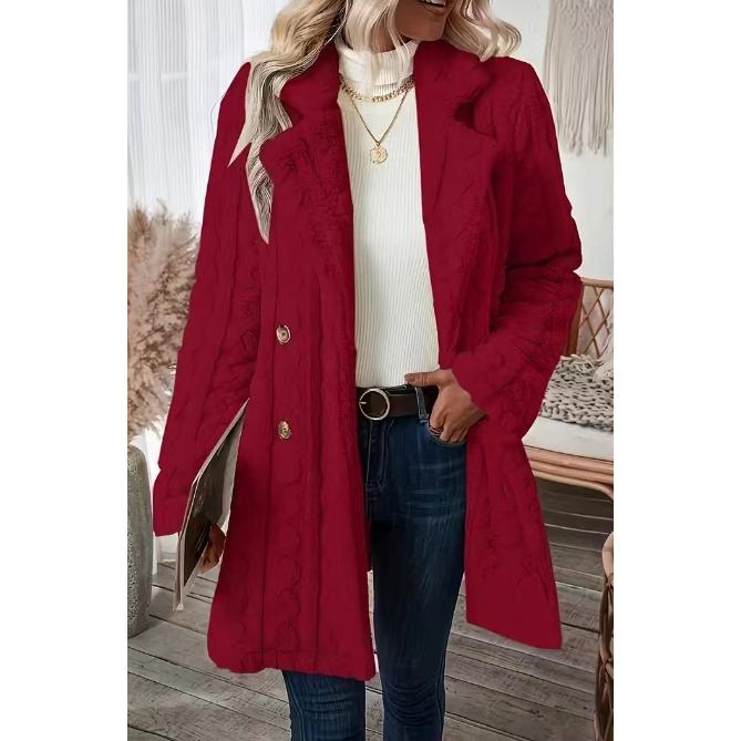 Women's Vintage Cable Knit Warm Plush Mid-Length Coat - Lapel, Double Breasted, 2-Button, Full Sleeves, Casual Winter Outerwear, Buttoned Women's Fleece Jackets (Vintage Clothing)