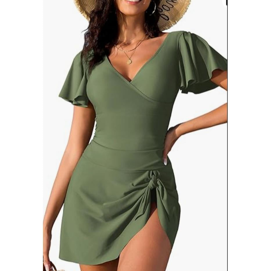 Women's V-Neck Flounce Short-Sleeve Tummy-Control Ruched-Waist Modest 1-Piece Swim Dress, Swimsuit for Women, Ideal for Beach & Pool