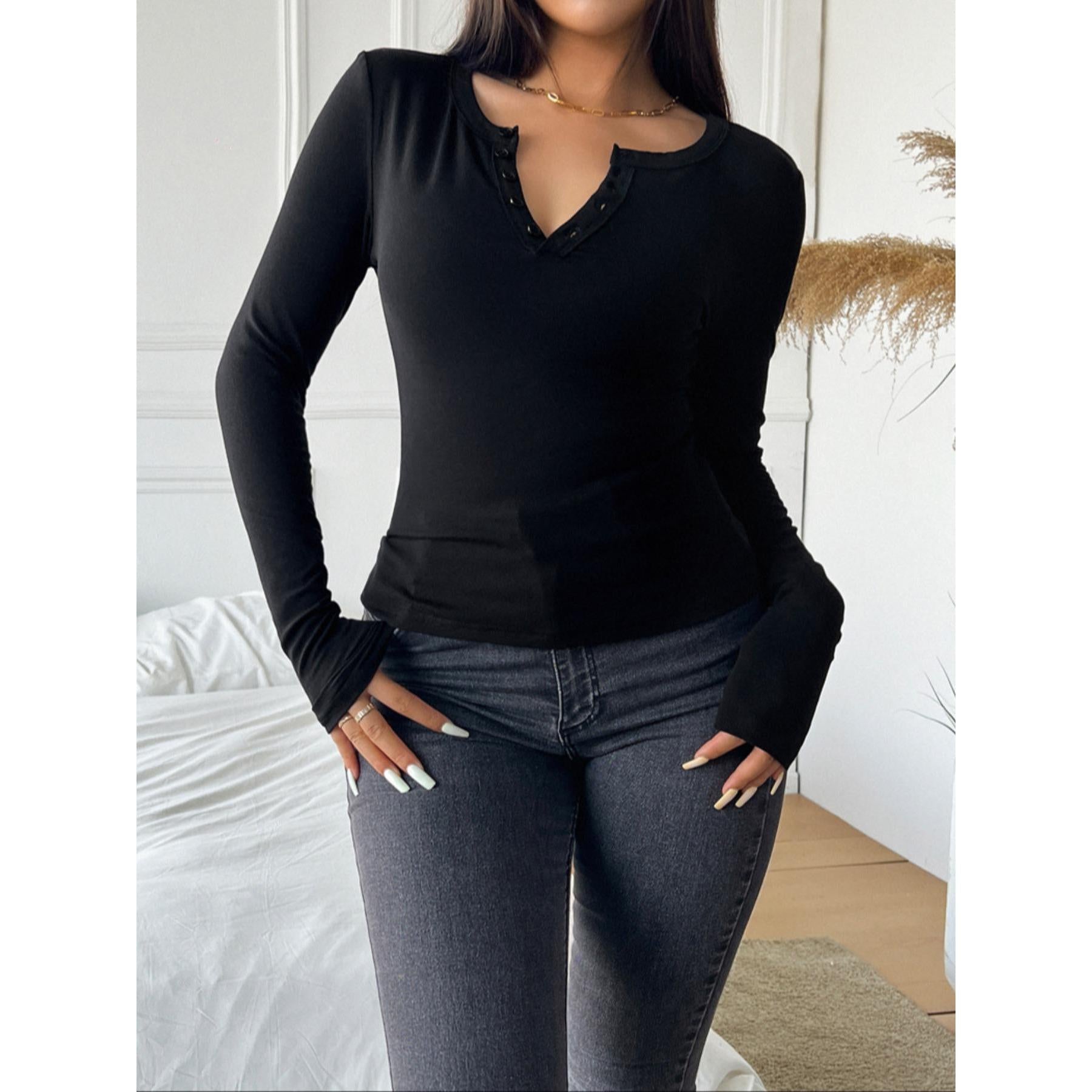 Women's Slim Fit Henley Long Sleeve Crop Top - Soft Stretchy Knit Basic Tee with Thumb Hole Cuffs, Button V-Neck - Casual Y2K Streetwear Daily Top