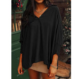 Women V Neck Collared Tunic Blouse, Oversized Loose 3/4 Lantern Smocked Sleeve Textured Casual Longline Shirt