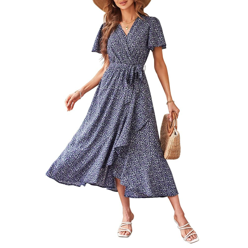 Women's Fitted V-Neck Floral Wrap Casual Midi Dress - Flutter Short Sleeves, Tie Waist, Irregular Ruffle Hem, Gorgeous Bohemian Fabric for Summer Beach Wear