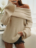 Women's Sexy Off-Shoulder Fold-Over Knit Sweater - Soft Fabric, Loose Fit, Oversized Long-Sleeve Ribbed Pullover for Fall Winter Tops