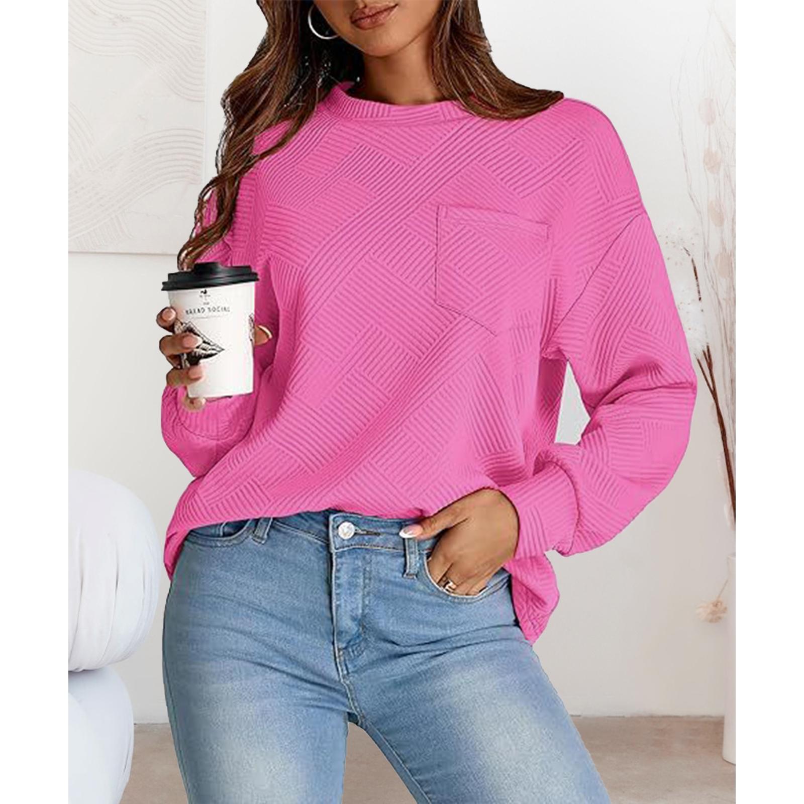 Women's Simple Soft Woven Geometric Jacquard Fabric Crew Neck Sweatshirt - Loose Drop Shoulder Long Sleeve Pullover with Ribbed Details, Casual Fall Basic Top