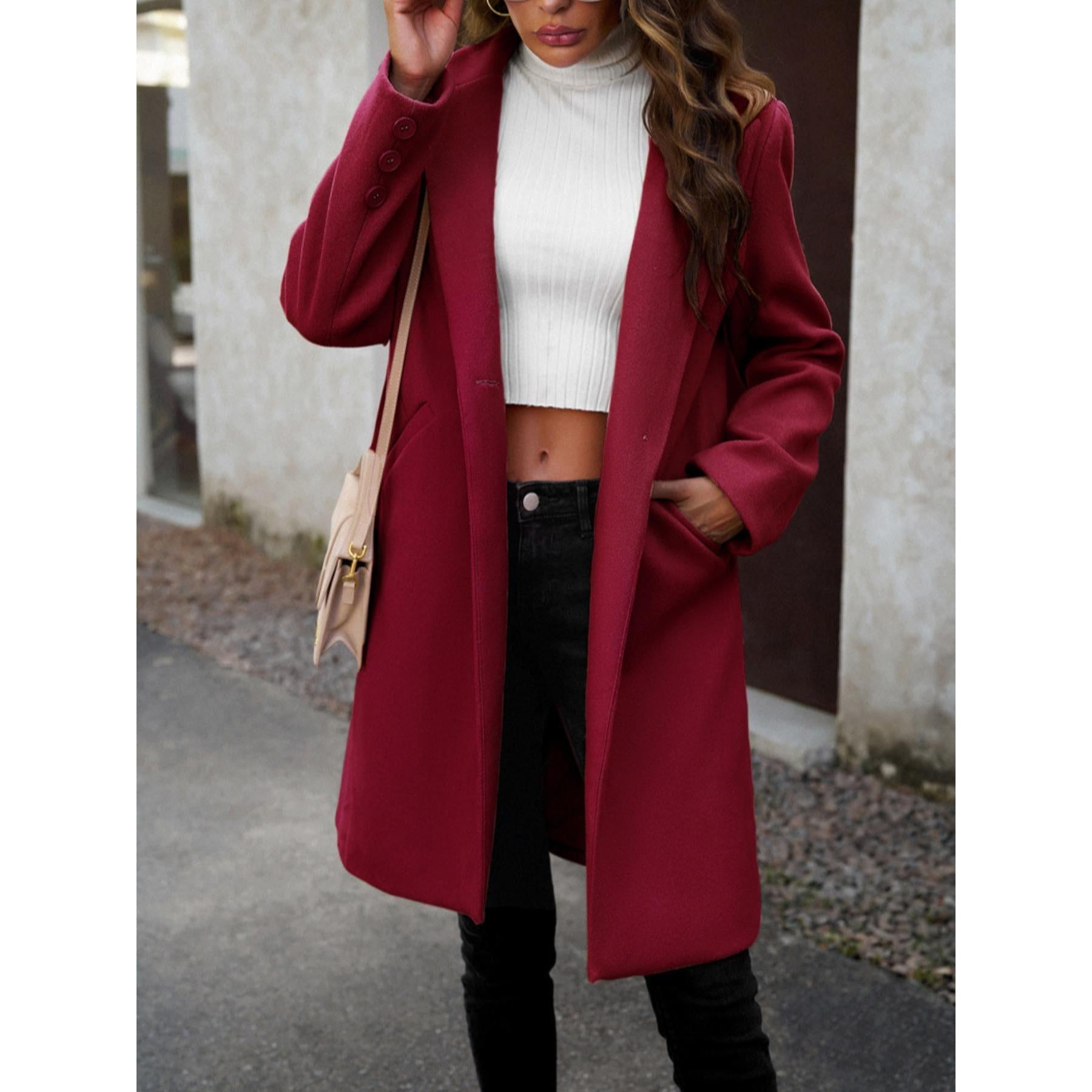 Women Lapel Open Front Mid Length Wool Blend Coat, Elegant Long Sleeve Casual Outerwear for Fall Winter, 2 Colors Wine Red / Black