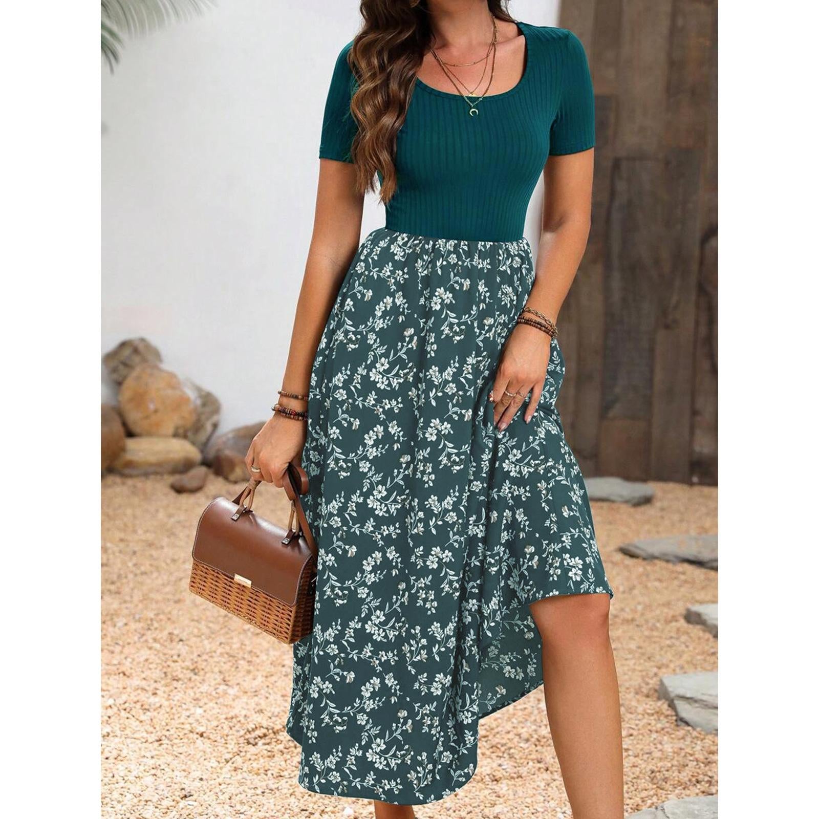 Women's Square Neck Short Sleeve Ribbed Knit High Waist Flowy Boho Midi Dress - Floral Accents Casual Dresses for Daily, Holiday Wear, Women's Dresses