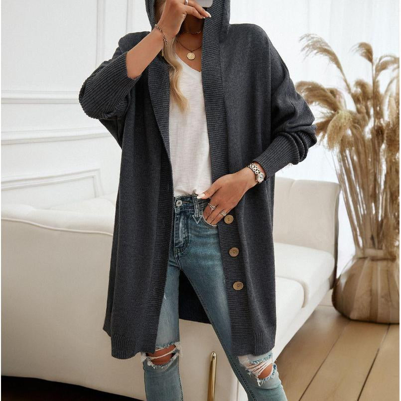 Women Oversized Hooded Long Knit Cardigan, Button Front Batwing Sleeve Casual Sweater Coat, Fall Winter Loose Outerwear