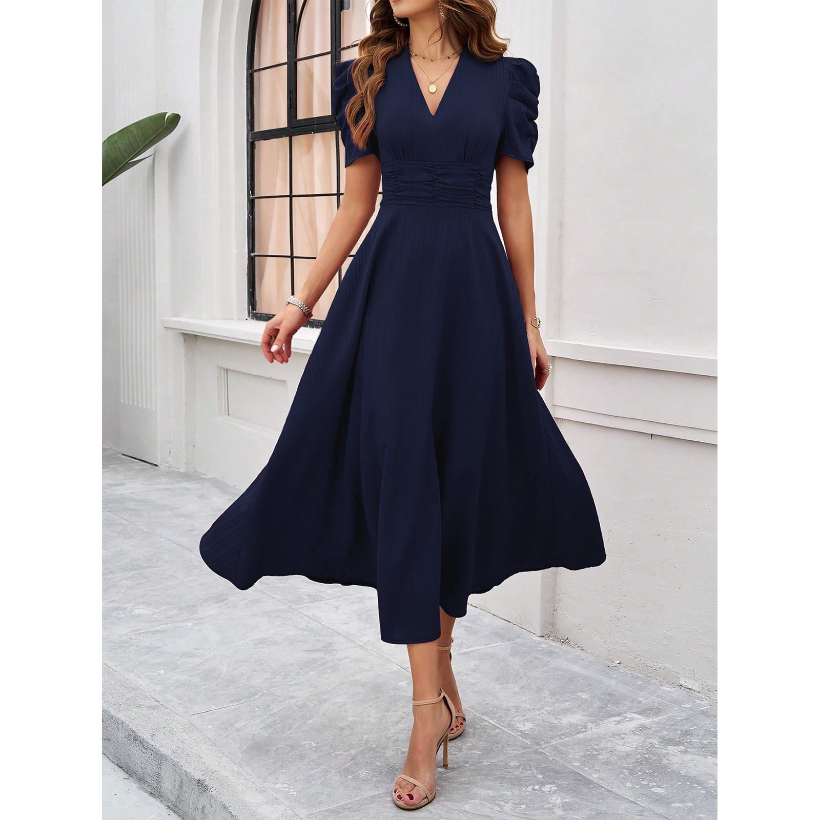 Women's V-Neck Puff Short Sleeve Midi Dress - Breathable, Lightweight, Comfortable Casual Cocktail Style with Ruched Waist, A-Line Flowy Swing, Ideal for Party, Dresses for Women, Wedding Guest, Wedding Dresses Guest