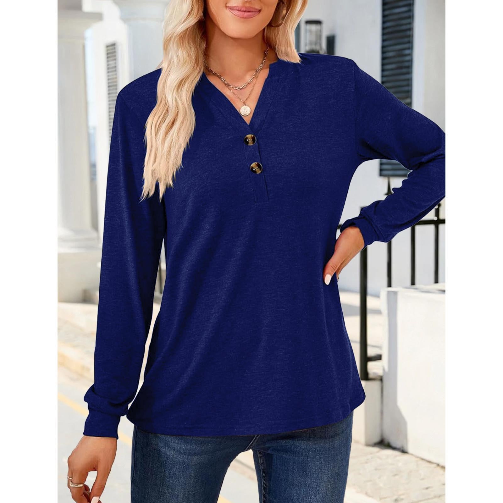 Women's Breathable Henley Long-Sleeve V-Neck Button-Decor Casual Loose Solid Minimalist Tunic Blouse, Everyday Hip Fall Basic Top for Layering Under Jackets
