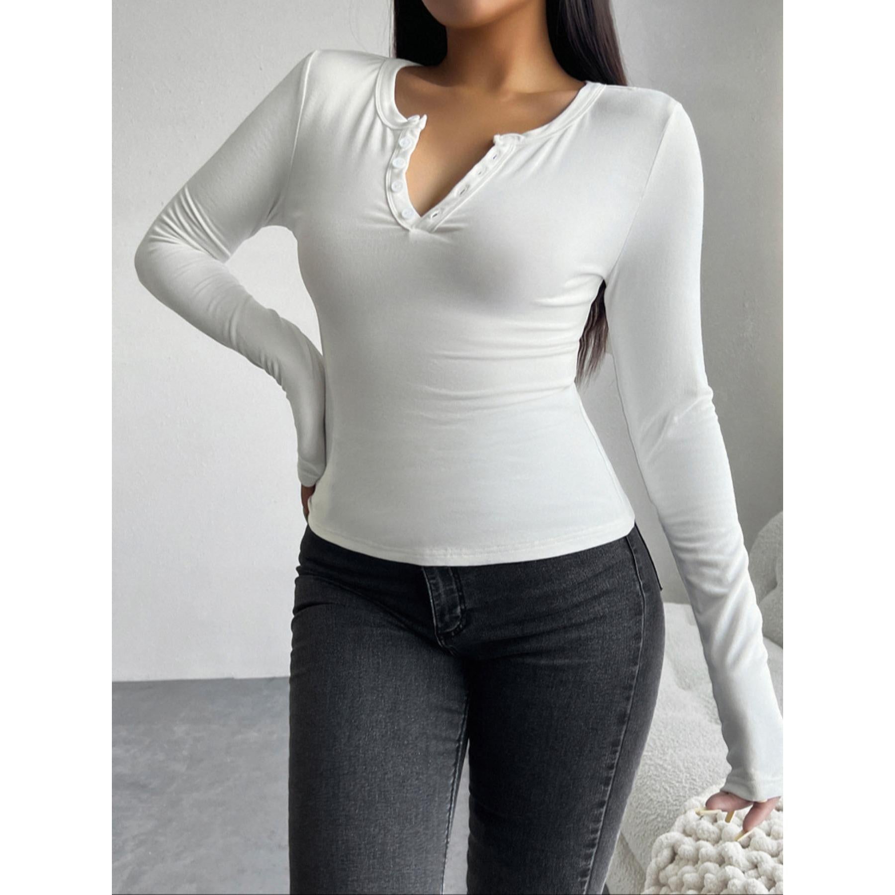 Women's Slim Fit Henley Long Sleeve Crop Top - Soft Stretchy Knit Basic Tee with Thumb Hole Cuffs, Button V-Neck - Casual Y2K Streetwear Daily Top