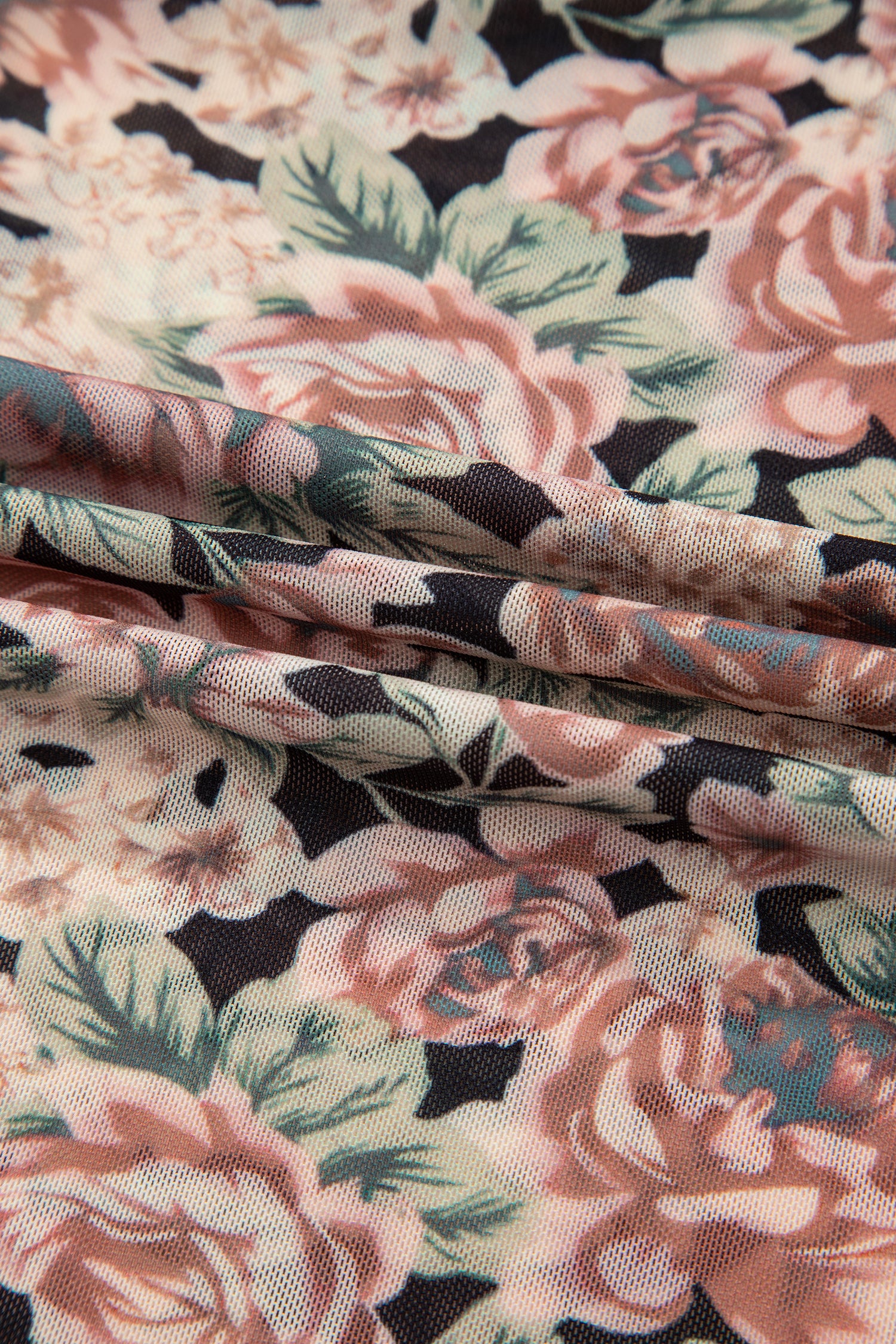 Black Floral Print Mesh Long Sleeve Foldover Off Shoulder Top