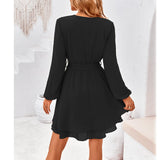 Women's Breathable Chic V-Neck Wrap Lantern Long-Sleeve Chiffon Dress - Belt Tie Waist, Layered Ruffle A-Line Mini Dress for Day, Evening, Casual Cocktail Occasions (Emerald Option Available)