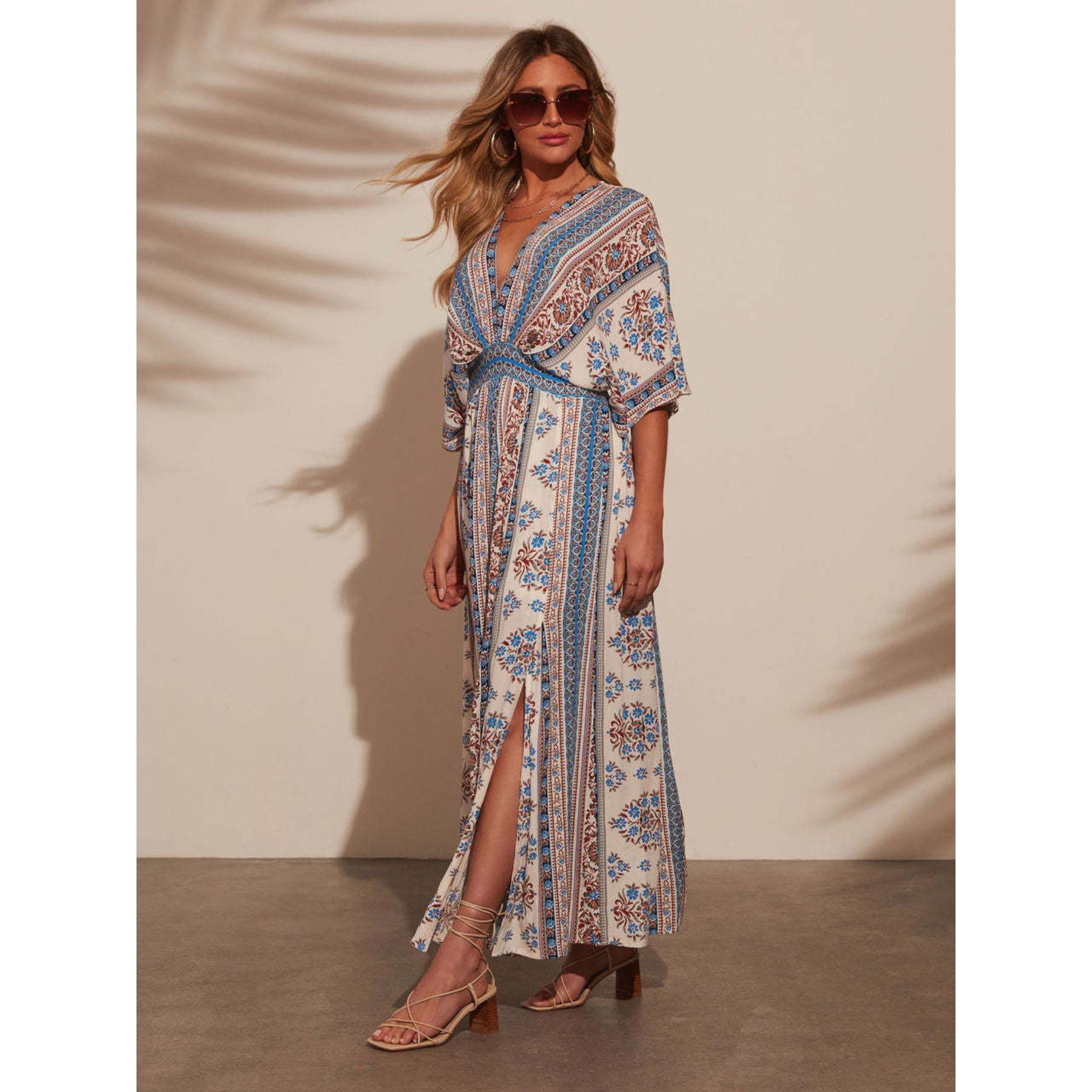 Women's Ethnic Print Bohemian Casual V-Neck Maxi Dress - Short Batwing Sleeves, Elastic Waist, Side Split, Flowy, Chic, Comfortable for Vacation, Beach