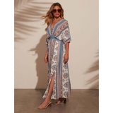 Women's Ethnic Print Bohemian Casual V-Neck Maxi Dress - Short Batwing Sleeves, Elastic Waist, Side Split, Flowy, Chic, Comfortable for Vacation, Beach