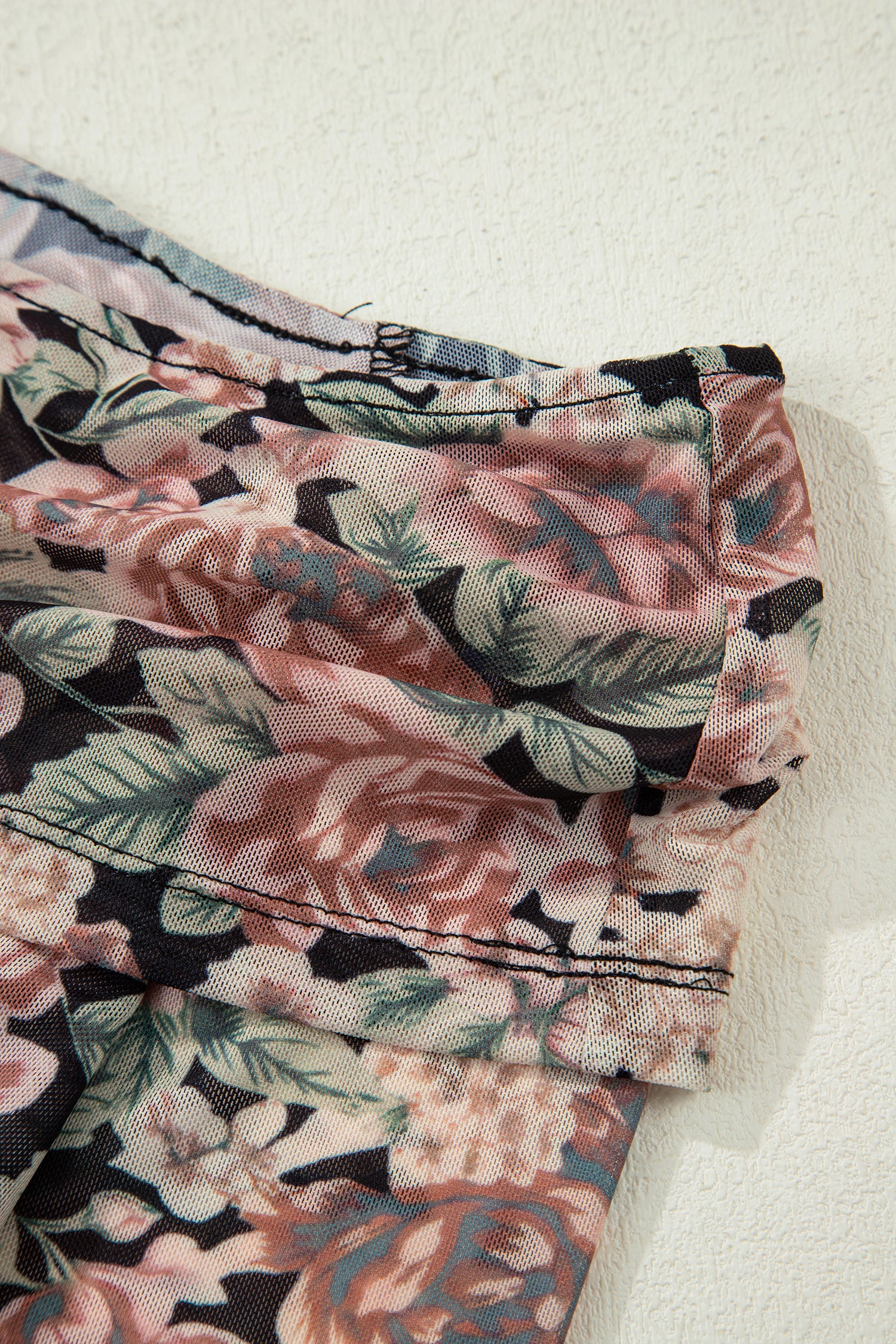 Black Floral Print Mesh Long Sleeve Foldover Off Shoulder Top