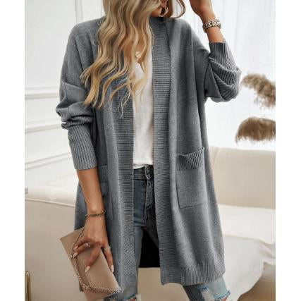 Women Long Open Front Knit Cardigan, Oversized Batwing Sleeve Sweater Coat with Pockets, Casual Loose Mid-Length Outerwear for Fall Winter