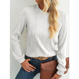 Women Wavy Textured Crew Neck Long Sleeve Top, Casual Lantern Sleeve Loose Fit Solid Color Basic Blouse, Fall Daily Wear Shirts
