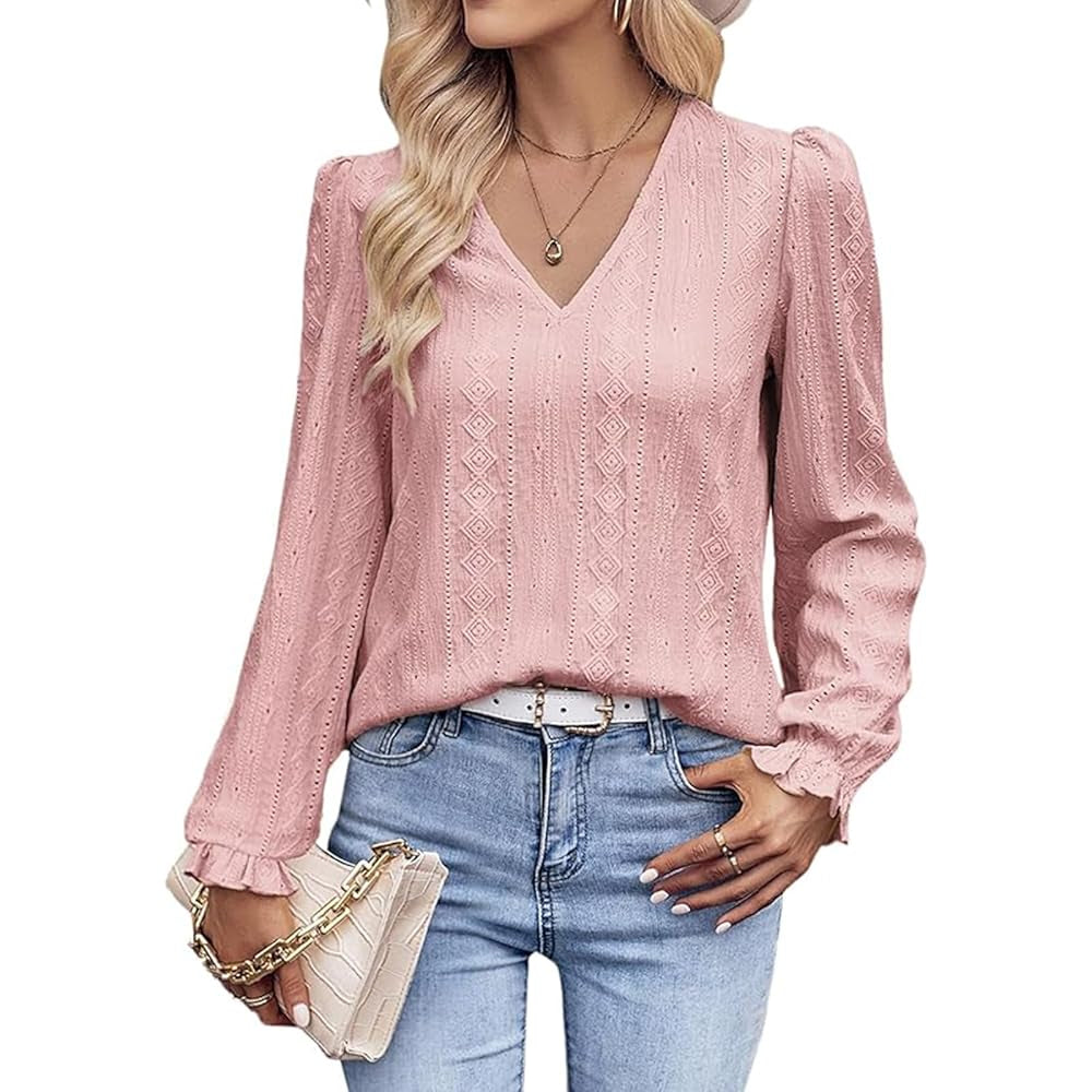Women's V-Neck Puff Long Sleeve Denim Blouse - Basic Bohemian Style, Elastic Eyelet Embroidery, Solid Comfortable Fabric, Day-to-Everyday Feminine Casual Loose Top