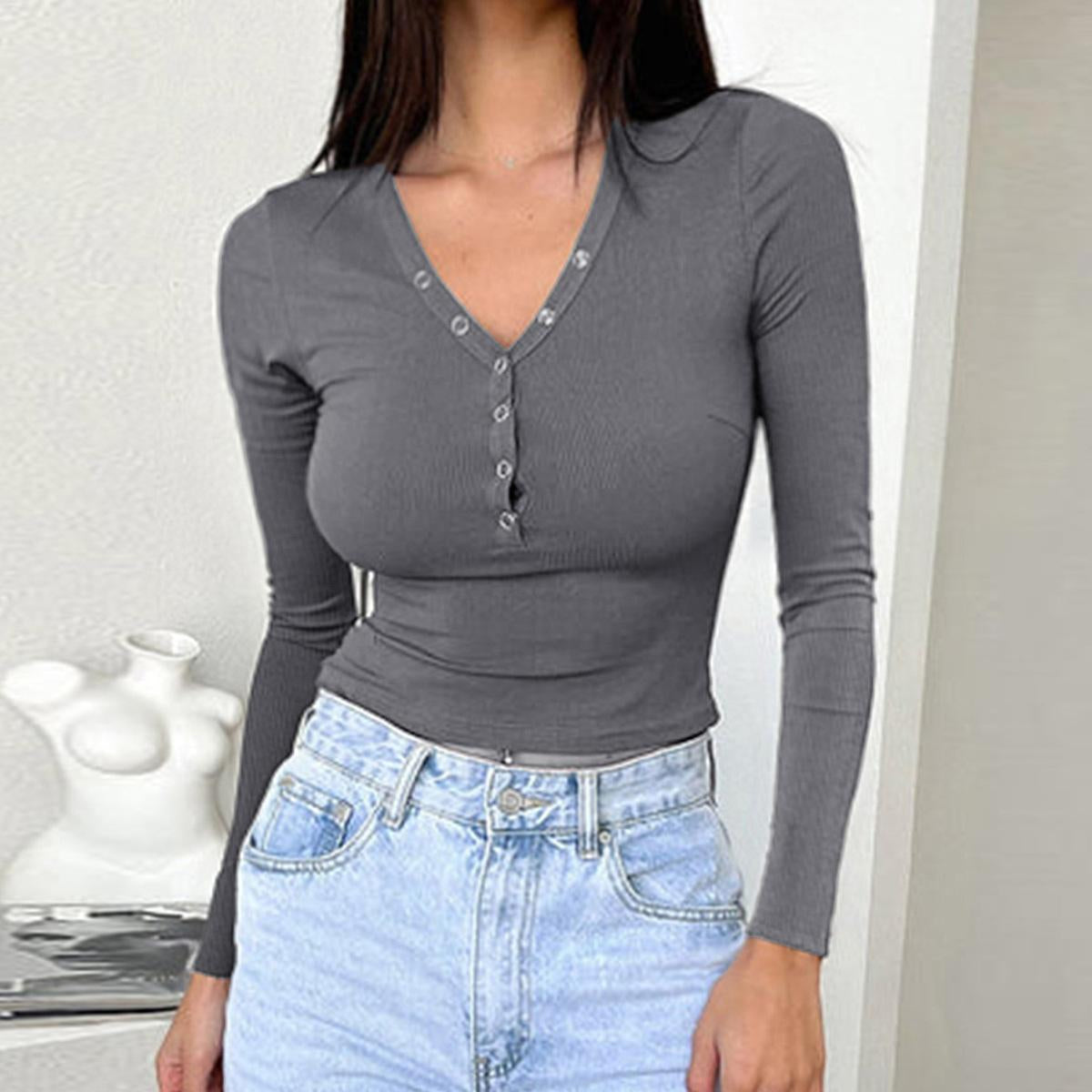 Women's Soft Modest Ribbed Henley Long Sleeve V-Neck Button-Down Slim-Fit Cropped Eyelet Knitwear Top, Casual Party Going-Out Stretch Shirt