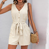 Women's Sleeveless Striped V Neck Romper, Button Down Tie Waist Shorts Jumpsuit, Casual Summer One Piece Outfit with Pockets