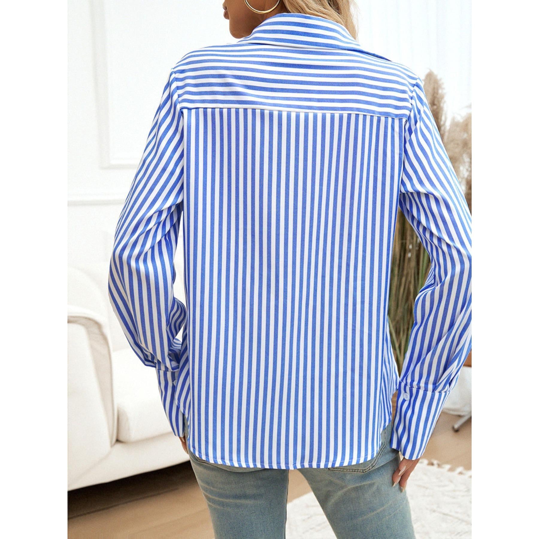 Women's All-Season Lightweight Striped Cuffed Button-Up Long Sleeve Blouse - Lapel, Chest Pocket, Loose-Fit Style Piece, Everyday Casual Office Work Basic Tops for Women