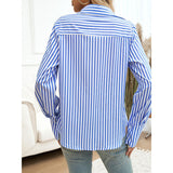 Women's All-Season Lightweight Striped Cuffed Button-Up Long Sleeve Blouse - Lapel, Chest Pocket, Loose-Fit Style Piece, Everyday Casual Office Work Basic Tops for Women