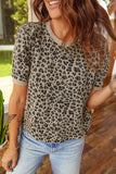 Khaki Textured Leopard Print Crew Neck Short Sleeve Top