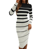 Women Striped Knit Midi Dress Long Sleeve Crew Neck Bodycon Dress Elegant Slim Fit Ribbed Knitwear Fall Winter Party Casual Dresses for Women