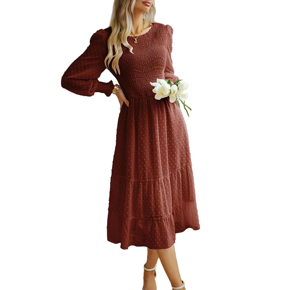 Women's Swiss Dot Long Sleeve Midi Dress - Round Neck Smocked Bodice, Tiered Flowy A-Line, Elastic Fabric, Feminine Balloon Casual Wear Dress